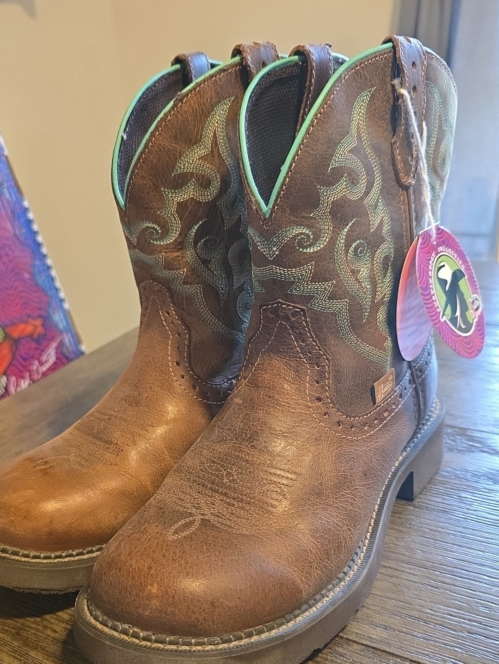 Justin Gypsy Brown Cowboy Boots with Teal Stitching - Rustic Western Style